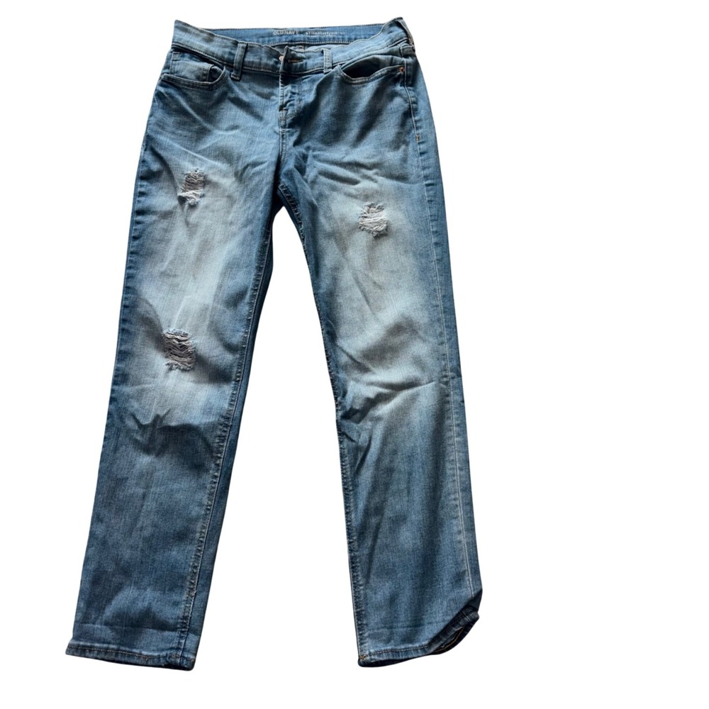 Old Navy Straight Droit Mid-Rise Distressed Blue Jeans Womens Medium Wash